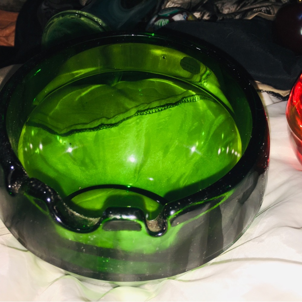 Vintage Viking Glass Green Orb Ashtray